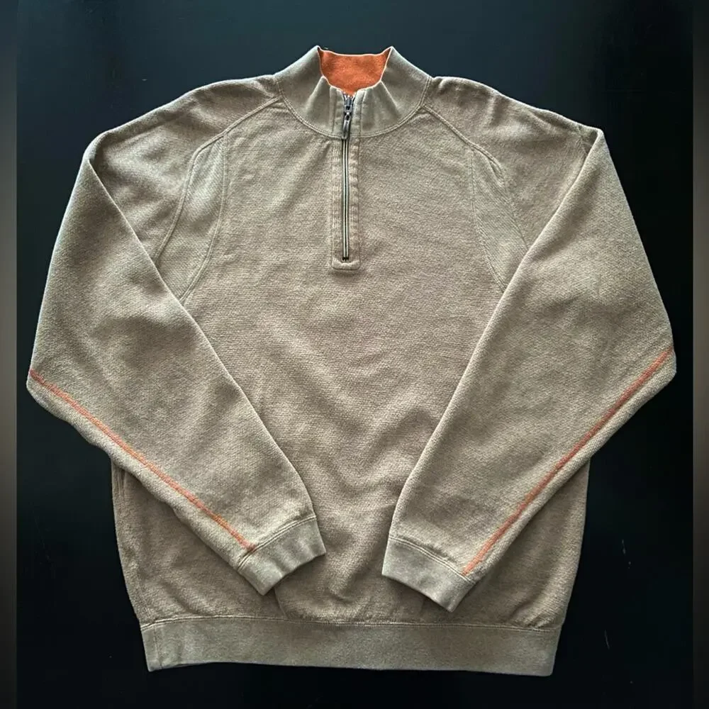 TOMMY BAHAMA Reversible Tan/Orange 1/4 Zip Cotton Pullover Sweater sz XLarge